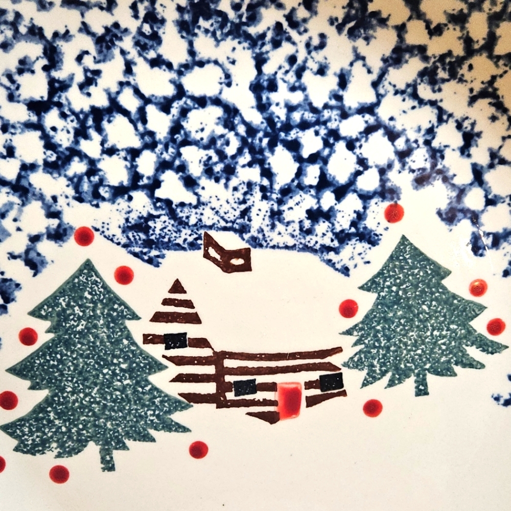 ONE Folk Craft Cabin in the Snow by Tienshan 10.5" Dinner Plate Sponge Ware - Picture 2 of 9